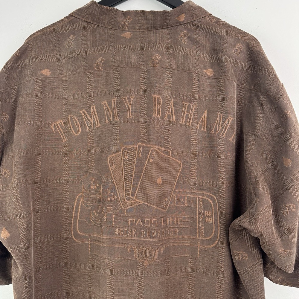 Tommy Bahama Shirt Mens XL Brown Silk Camp Aces Dice Poker Vacation Short Sleeve